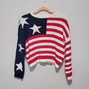 Moon & Madison Popcorn Knit Americana Cropped Sweater with American Flag Design